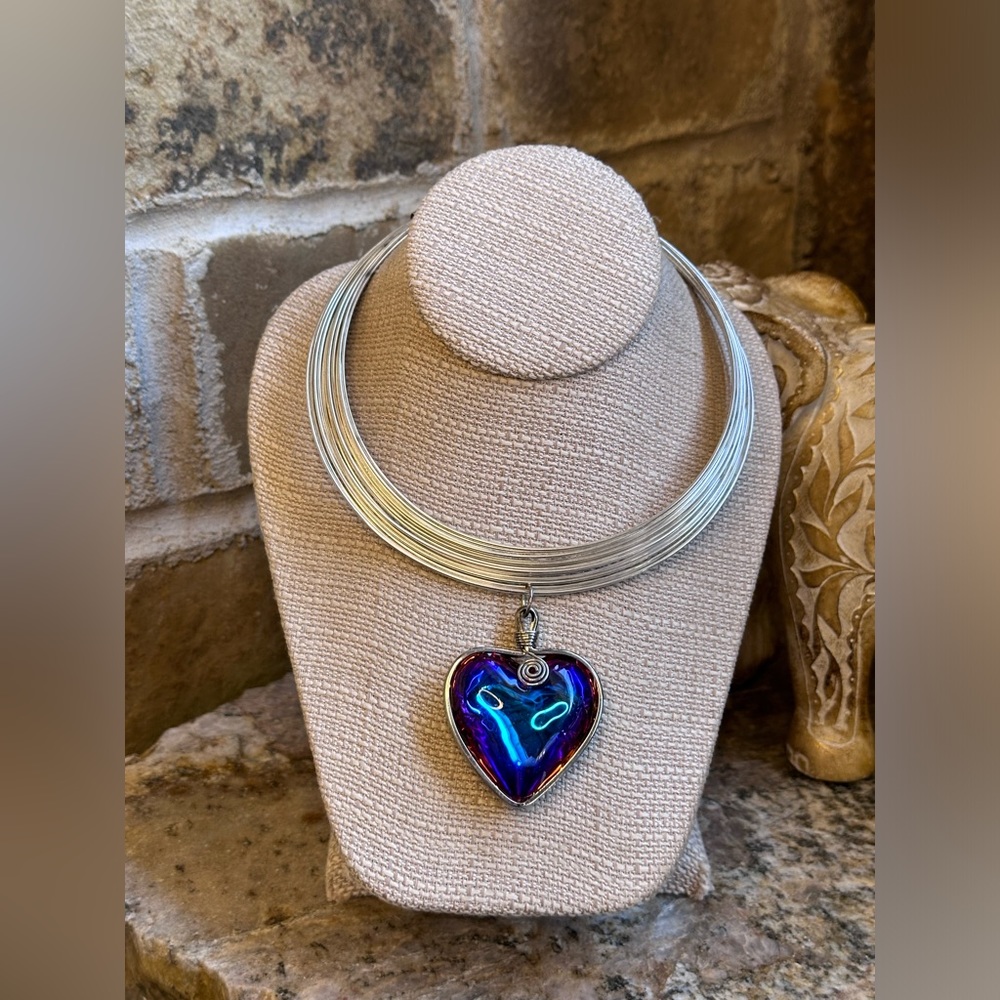 Huge Silver Glass Titanium Puff Heart Choker Necklace - Picture 2 of 12